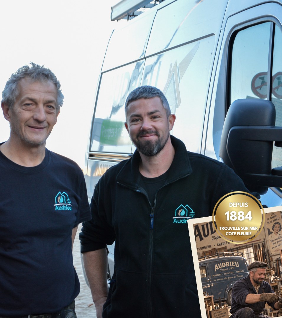 Les techniciens Audrieu devant leur camion, artisan depuis 1884 à Trouville-sur-Mer